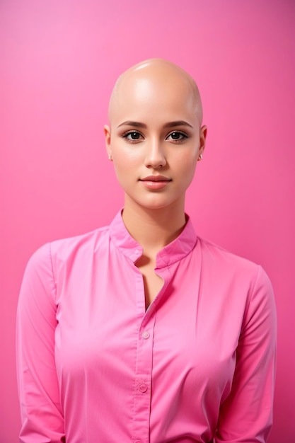 Photo of white hairless woman dressed in pink with pink picture background for breast cancer self ez