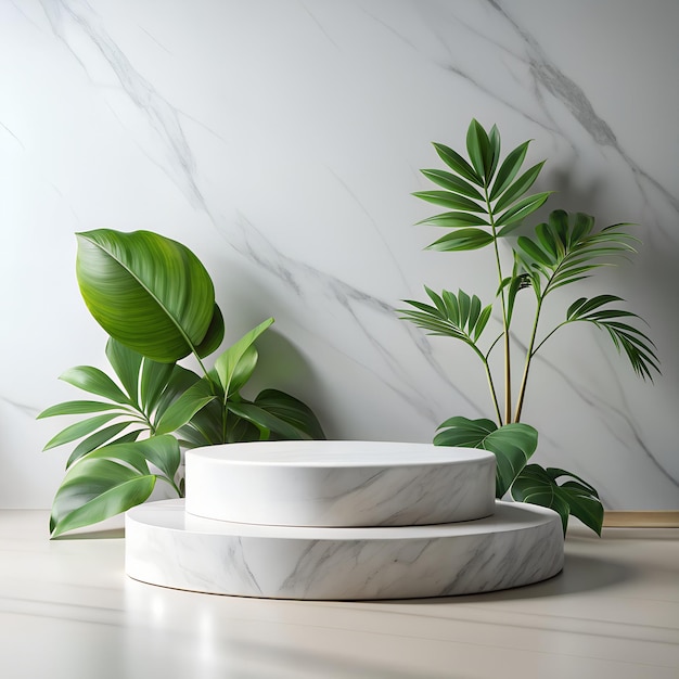 Photo white marble podium showcase for product placement with leaves in white wall