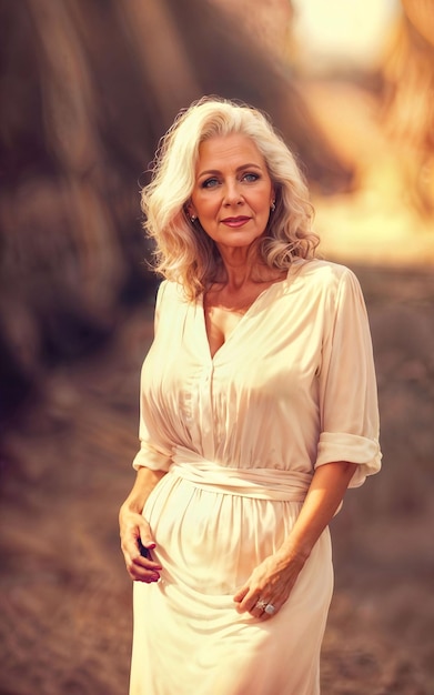 Photo of white middle aged old lady american woman in dress at the sand beach generative AI