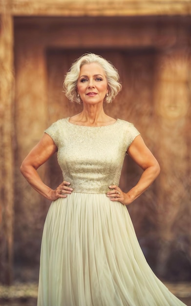 Photo of white middle aged old lady american woman in dress at the sand beach generative AI