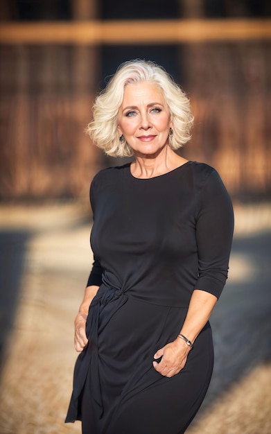 Photo of white middle aged old lady american woman in dress at the sand beach generative AI