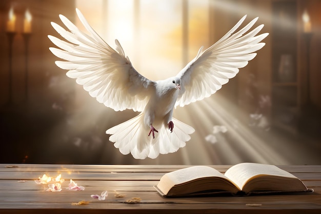 Photo White pigeon fly out of book freedom concept and international day of peace generative ai