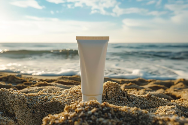 Photo of a white tube mockup for sun cream on the beach