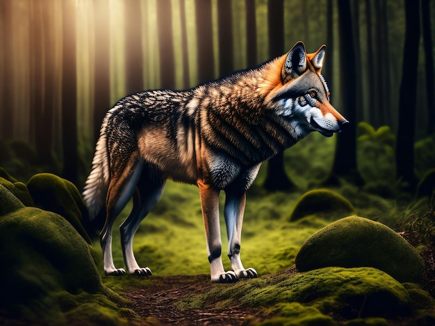 Photo of a wild brown wolf animal standing in a dark green forest captured with a DSLR camera