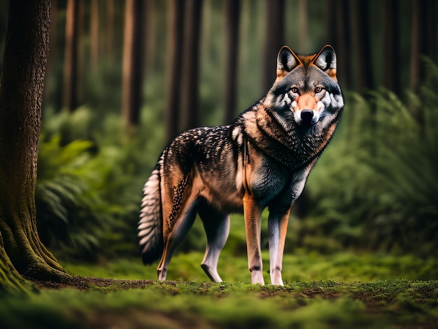 Photo of a wild brown wolf animal standing in a dark green forest captured with a DSLR camera