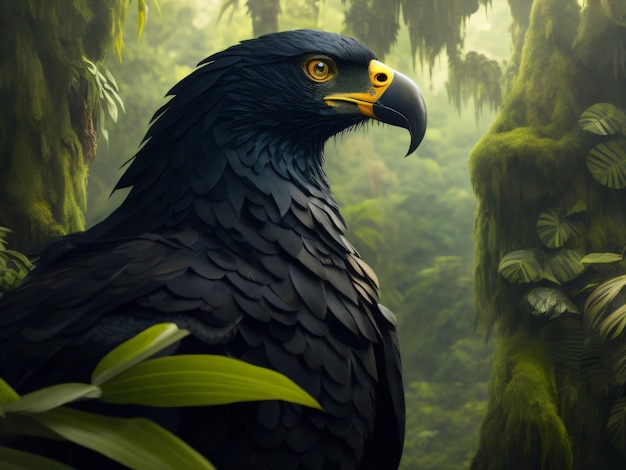 Photo a wild eagle closeup shot in the dark green jungle with natural look