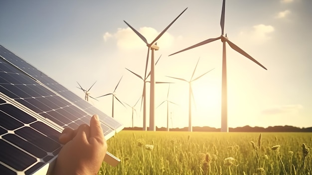 Photo wind turbines and solar panels on meadow with tree holds in Man hand against blue ai generated