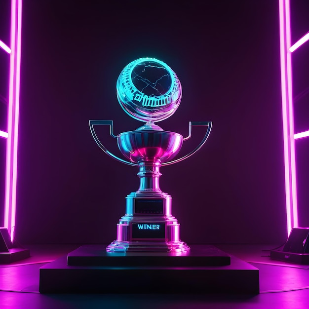 Photo winner trophy on a stage at studio illuminated by neon lights