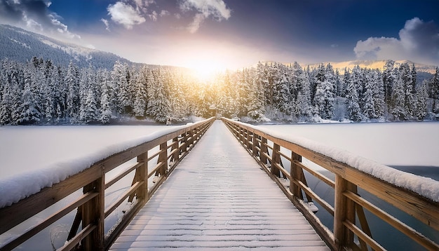 Photo photo of a winter scene showing a wooden bridge covered in snow