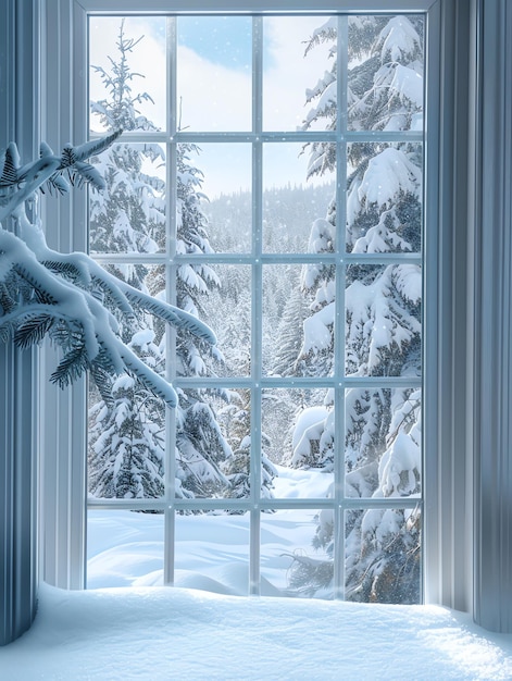 Photo Of A winter wonderland with snow covered pines offering beautiful scenery outside the window