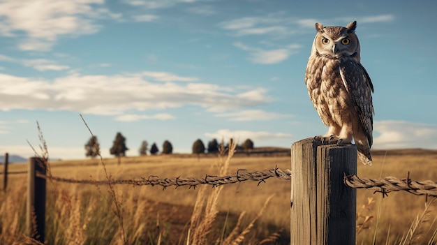 Photo a photo of a wise owl perched on a fence post