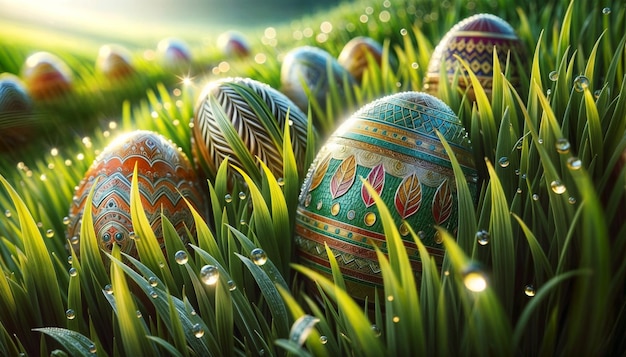 Photo with Easter eggs in the grass taken with a macro lens Details and colorfulness of the holiday