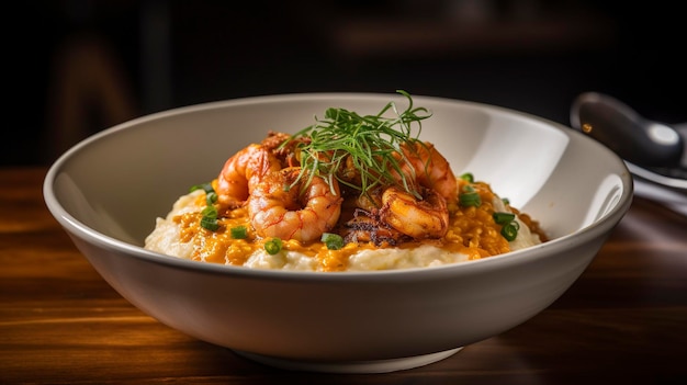 A photo with presentation of delicious Cajun Shrimp and Grits food photography