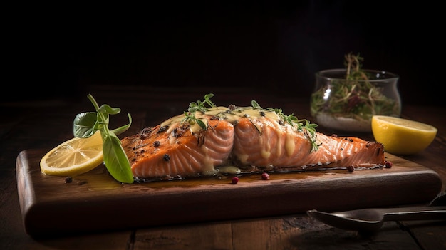 A photo with presentation of delicious Grilled Salmon with Lemon Butter food photography