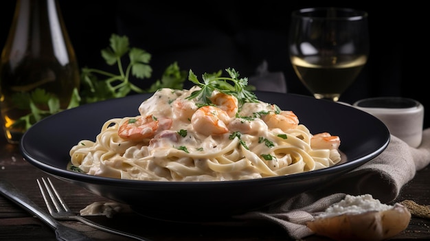 A photo with presentation of delicious Shrimp Alfredo Pasta food photography gourmet