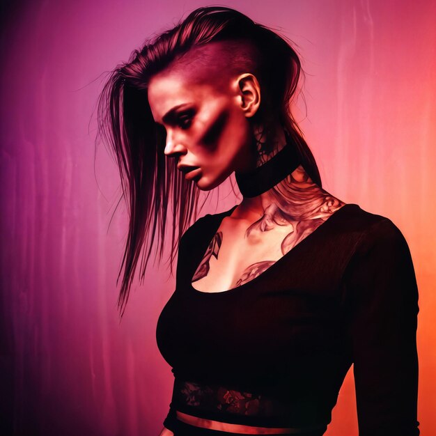 photo of woman as a leader gang member with undercut side fade hairstyle pain feeling and wound on gradient pink and purple backdrop generative AI