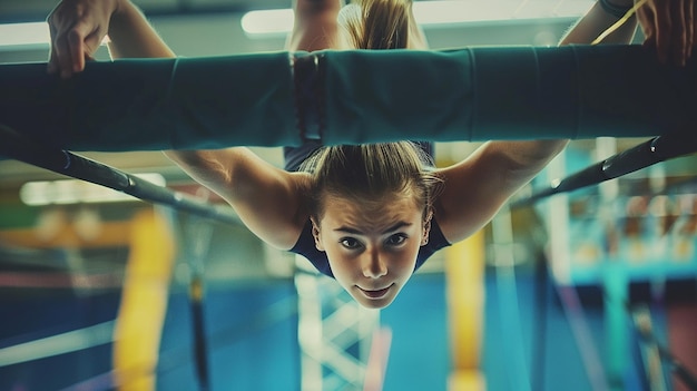 Photo of a woman doing a gymnastic exercise in a gym