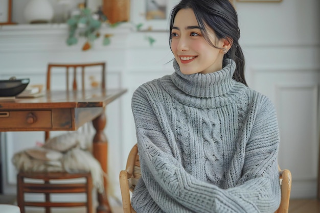 Photo of a woman in a grey sweater sitting on a chair smiling and looking to the side at home with