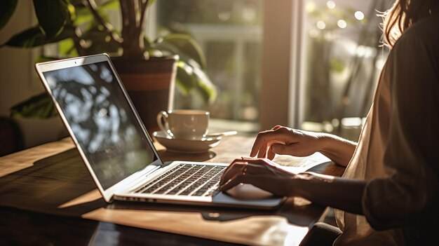 Photo photo woman hands working from home on a laptop with cup of coffee in sunlight with plants