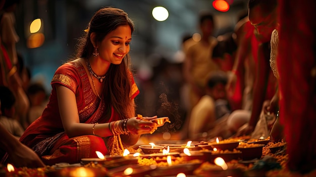 photo of a woman lighting candles on the street during Diwali festival