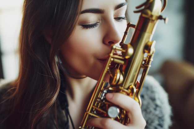 Photo of a woman showing love to music saxophone