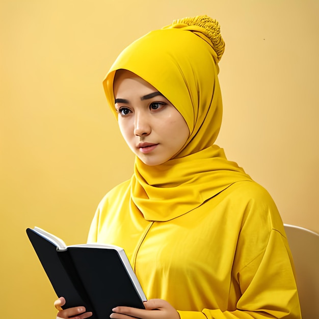 Photo woman student beautiful muslim female student wearing bright yellow hijab holding notebook