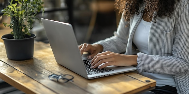 A photo of a woman typing on a laptop side view of the laptop