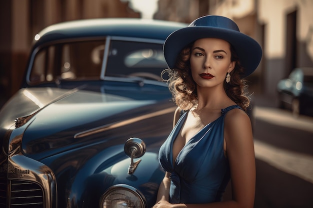 Photo of a woman wearing a blue dress and a hat with a city street and a vintage car