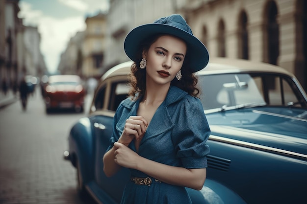 Photo of a woman wearing a blue dress and a hat with a city street and a vintage car