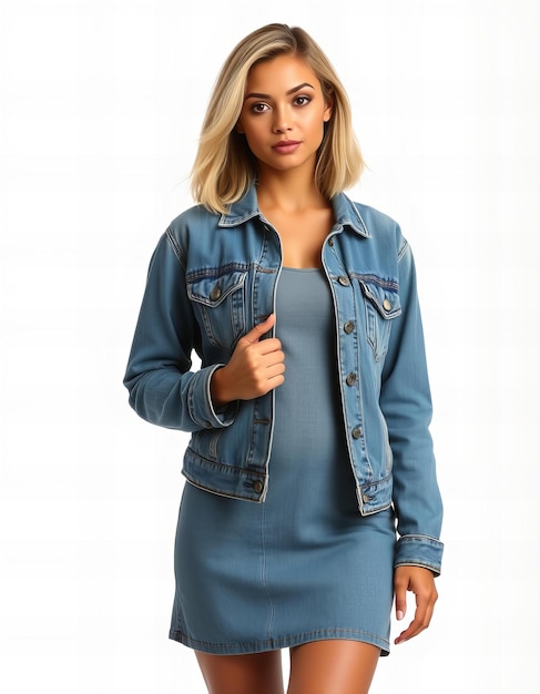 Photo Woman wearing a casual denim jacket and dress