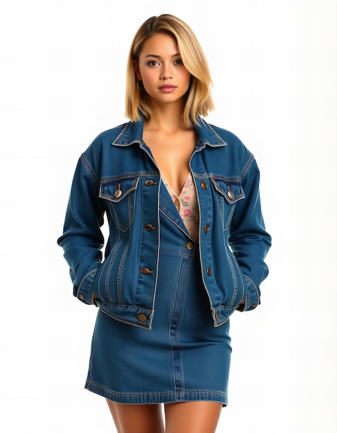 Photo Woman wearing a casual denim jacket and dress