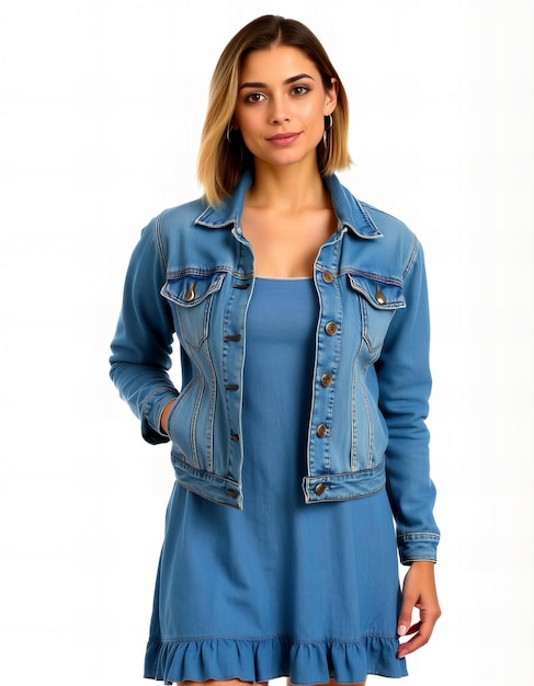 Photo Woman wearing a casual denim jacket and dress