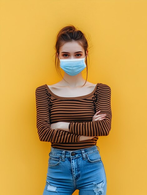 Photo photo of a woman wearing a face mask against a bright yellow background