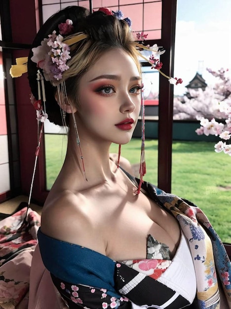 a photo of a woman wearing a Japanese kimono