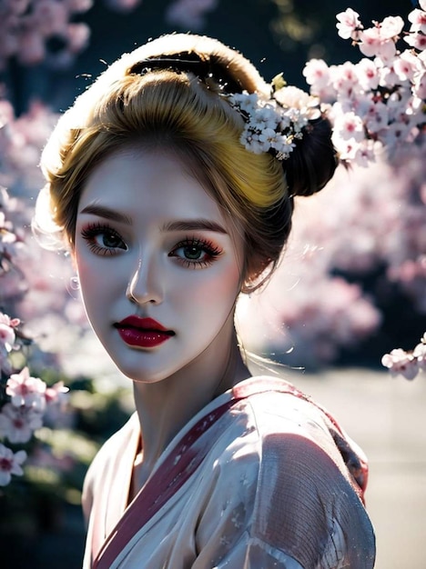 a photo of a woman wearing a Japanese kimono