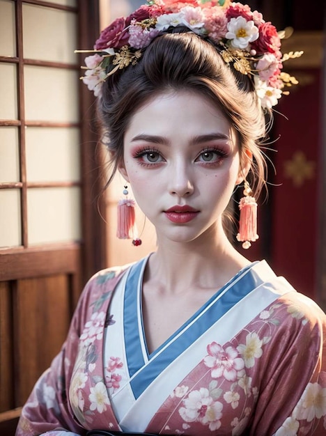 a photo of a woman wearing a Japanese kimono