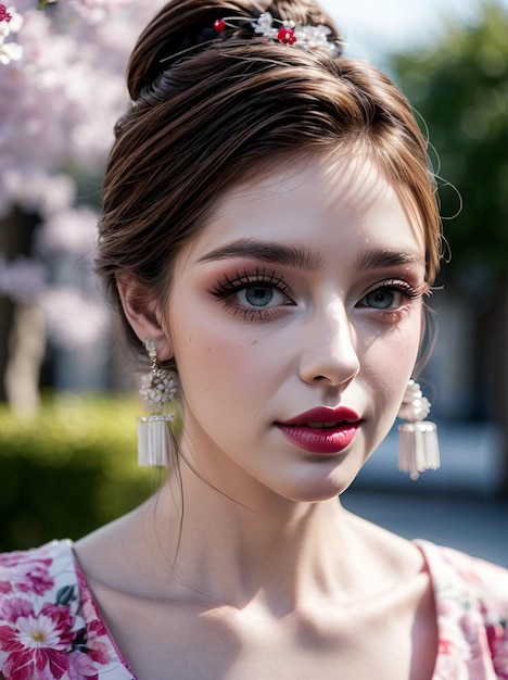 a photo of a woman wearing a Japanese kimono