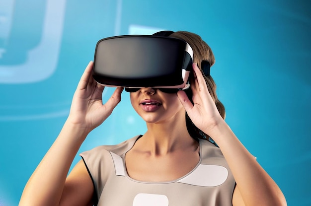 photo woman wearing virtual reality simulator on 3D background