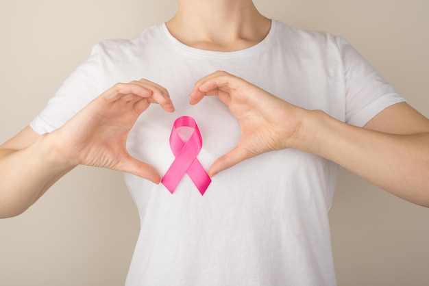 Photo of woman in white tshirt with pink ribbon making heart with fingers on isolated grey background