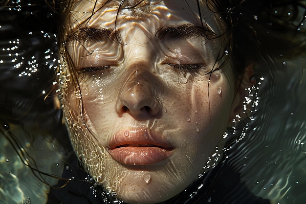 A photo of a woman with her eyes closed in the water