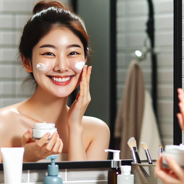 Photo woman with makeup box preparing makeup young asian face