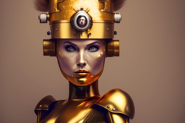 Photo a woman with a robot head and a gold head girl image