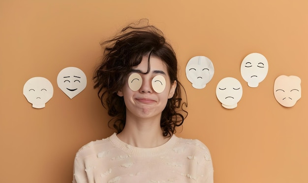 Photo woman with sad and happy paper faces on