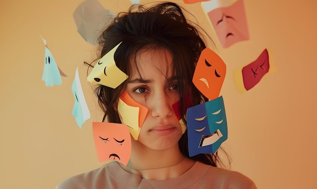 Photo woman with sad and happy paper faces on