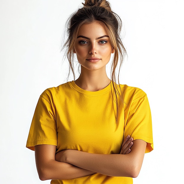 photo of woman with a yellow color tshirt mockup template