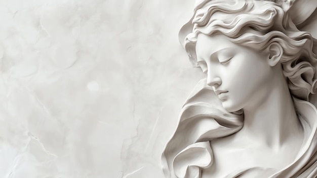 Photo of a womans figure carved in marble on the right side on a light gray background with copy space for text