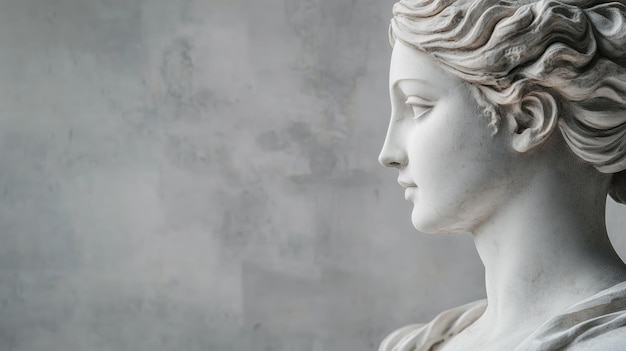 Photo of a womans figure carved in marble on the right side on a light gray background with copy space for text