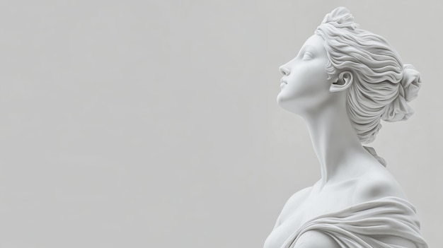 Photo of a womans figure carved in marble on the right side on a light gray background with copy space for text