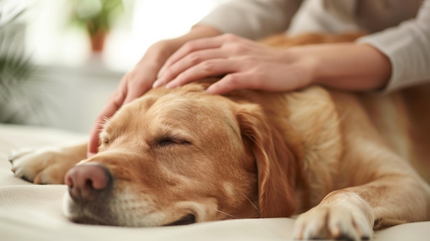 A photo of a womans hands doing a professional massage on the back of a dog