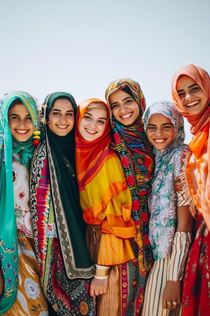 a photo of women in traditional attire from different cultures celebrating Womens Day together